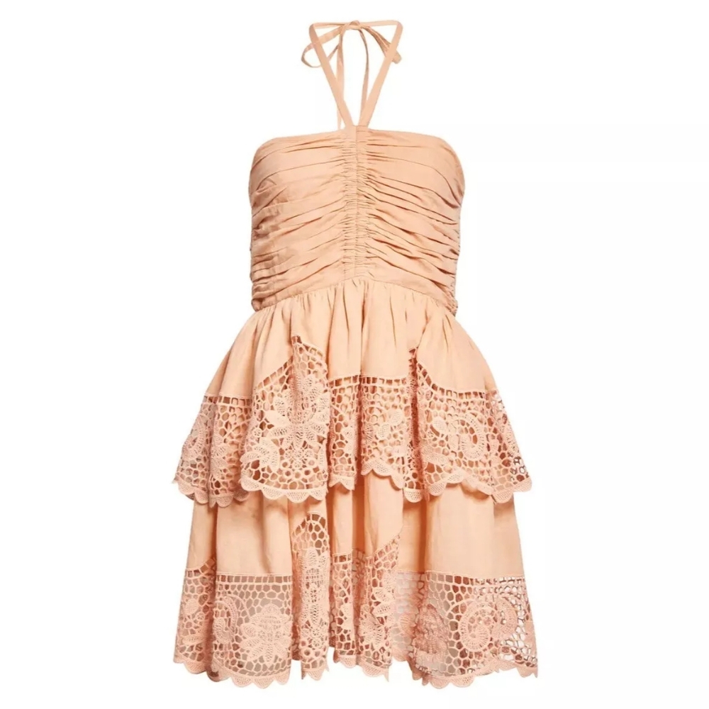 Ulla Johnson Savannah Halter Mini Dress Peach Lace Tiered Boho Romantic - Picture 2 of 12